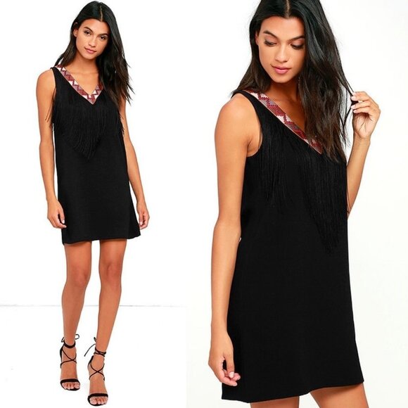 NWT Revolve BB Dakota Black Aztec Fringe Shift Dress Size Small New Bohemian S - Picture 2 of 10